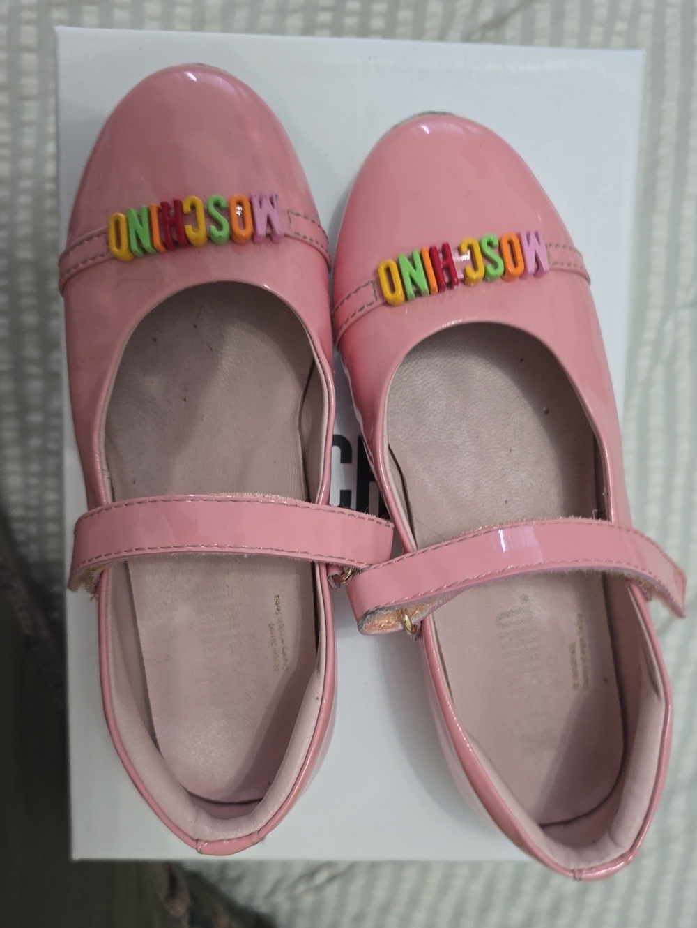 Moschino Kids Shiny Pink Patent Mary Janes with Rainbow Logo